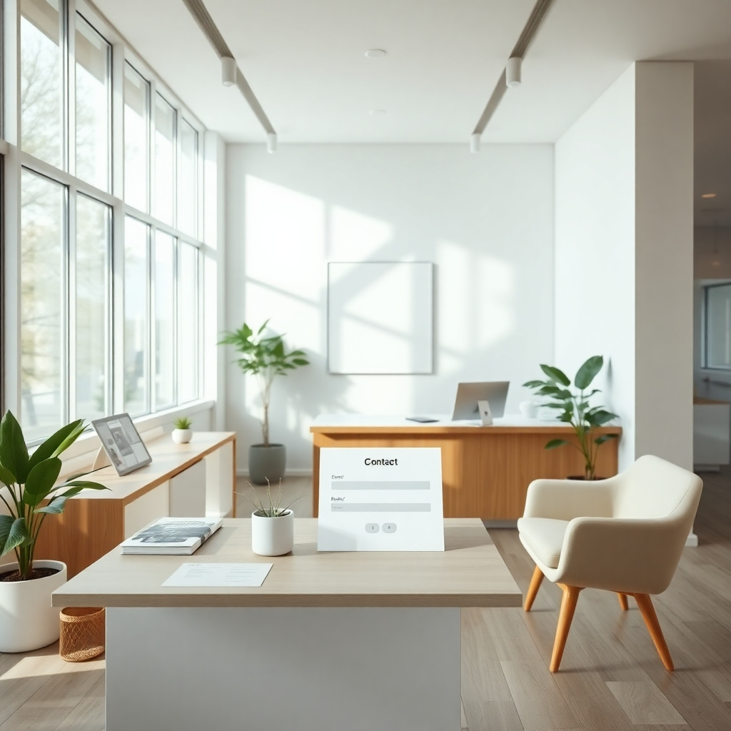 A comforting image of a modern communication space, showcasing an open desk area with informative brochures and a contact form setup. Natural light fills the space, highlighting calming colors and natural materials. The color palette focuses on muted tones and soft whites, creating a professional yet welcoming atmosphere. The camera angle should present an organized workspace, subtly inviting future guests to engage. The image should be captured in 4K resolution to represent professionalism and care.