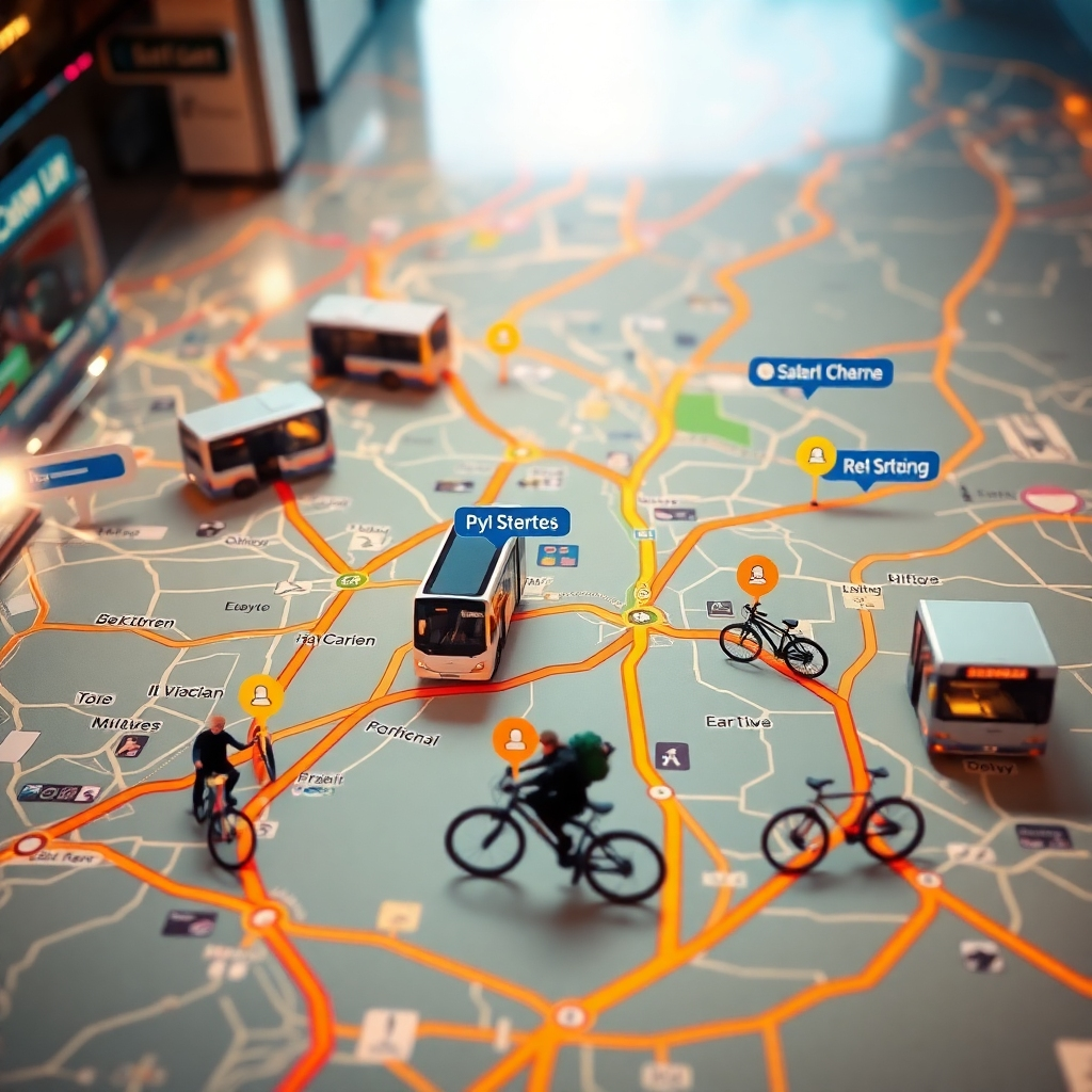A creative image of a digital map illustrating various transport routes, superimposed with photographs of buses, bicycles, and ridesharing options. Bright interface colors make it user-friendly, with icons indicating key destinations. The lighting is warm and inviting, suggesting an engaging user experience. The textures showcase a blend of digital and realistic elements, embodying modern technology. The style references include travel planning apps. Technical specs should ensure high-quality representation.