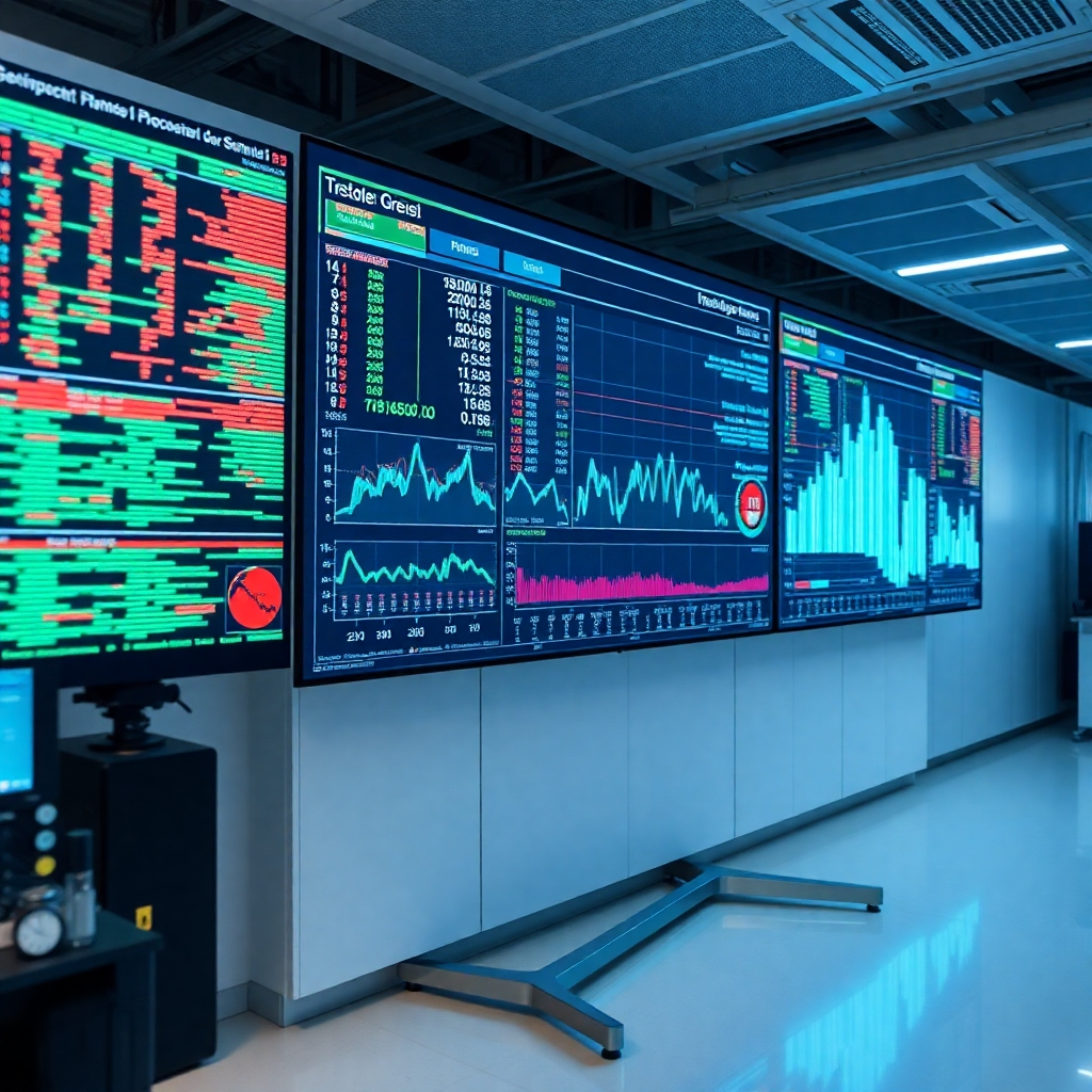 A data visualization displayed on a large screen, representing complex data sets. The scene is set in a modern data science lab. Technical specifications: 8K resolution, photorealistic.