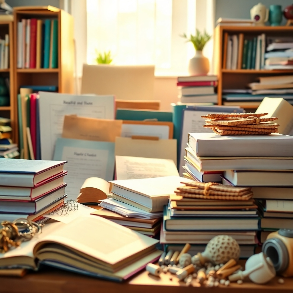 A detailed image featuring a variety of educational resources displayed in an organized manner. Soft, natural lighting casts a warm glow over the materials. The color palette should include cool blues and greens, promoting relaxation and focus. Textures should vary from smooth books to rough materials in the setting. This visual conveys the range of supportive tools available to learners.