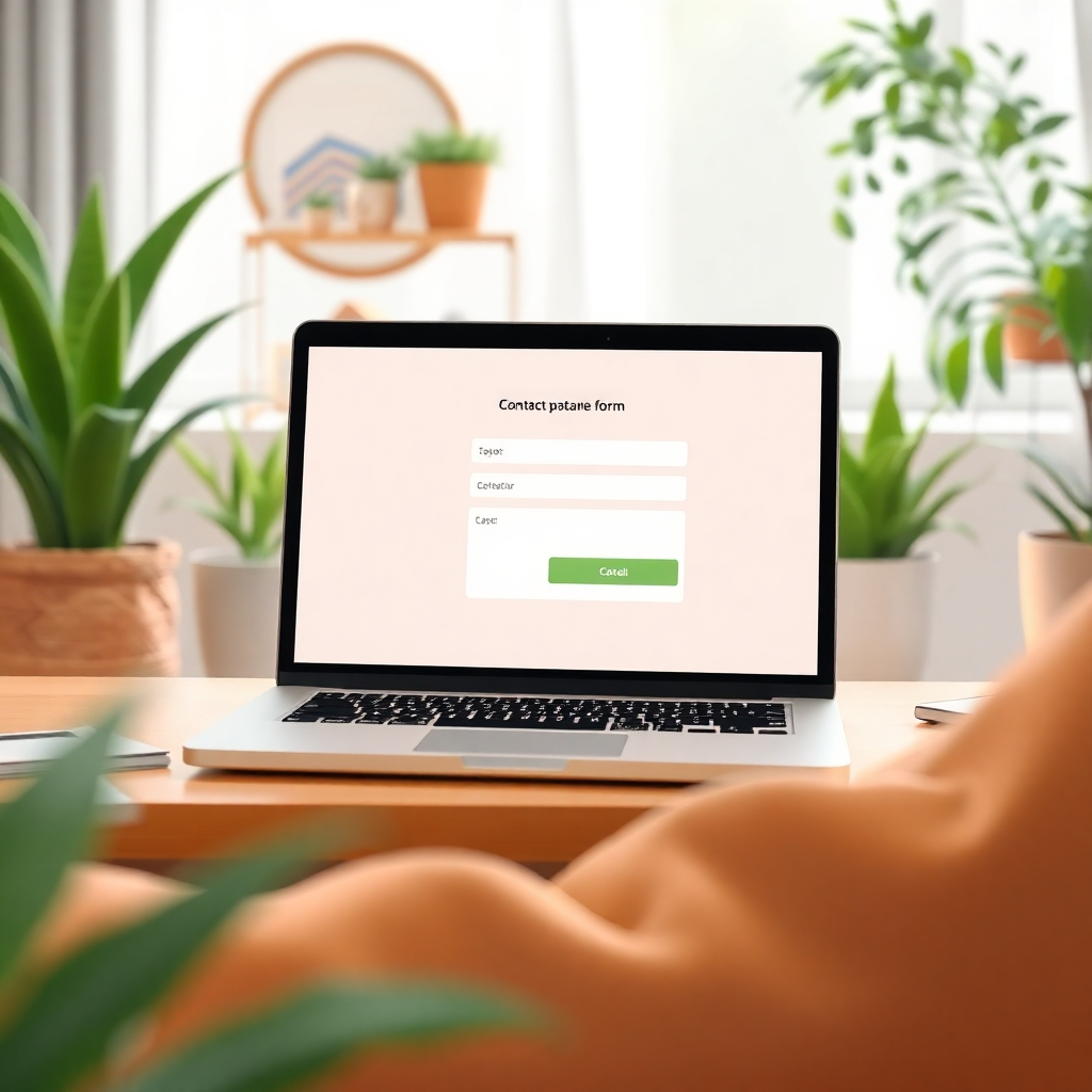 A digital illustration showcasing an easy-to-navigate contact form on a laptop screen in a cozy workspace. The environment is designed to feel comfortable, featuring plants and inviting decor. The lighting is soft, suggesting a relaxed atmosphere for users. The textures should highlight the modern technology, emphasizing ease of use. The camera angle should provide a tilted view of the laptop, inviting engagement. Technical specs should ensure high quality.