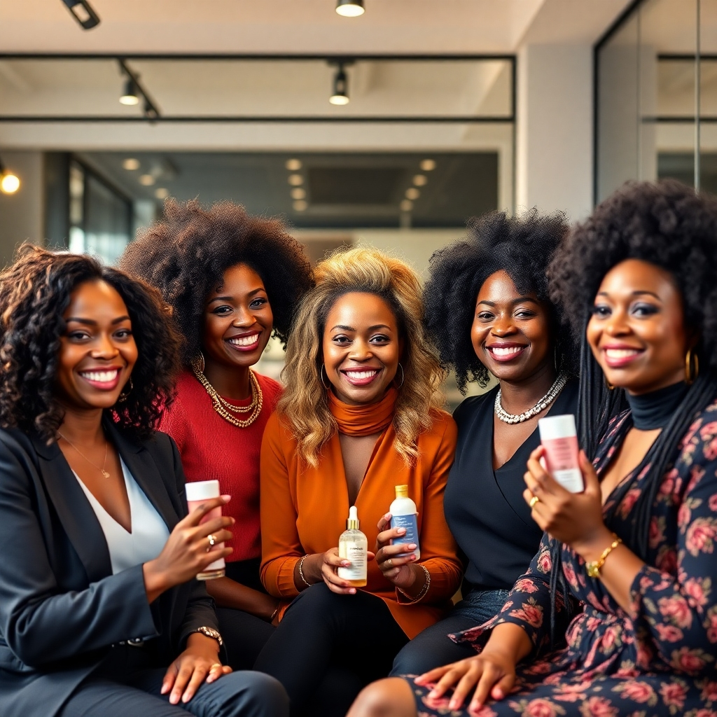 A diverse group of confident African women using SafiiaS Beauty products and sharing their success stories. The scene takes place in a modern, stylish setting, possibly a beauty salon or a co-working space. The lighting is bright and empowering, highlighting the women's radiant smiles and confident demeanor. Style reference: Modern portrait photography with a focus on female empowerment and success. Technical specs: 4K resolution, high quality.