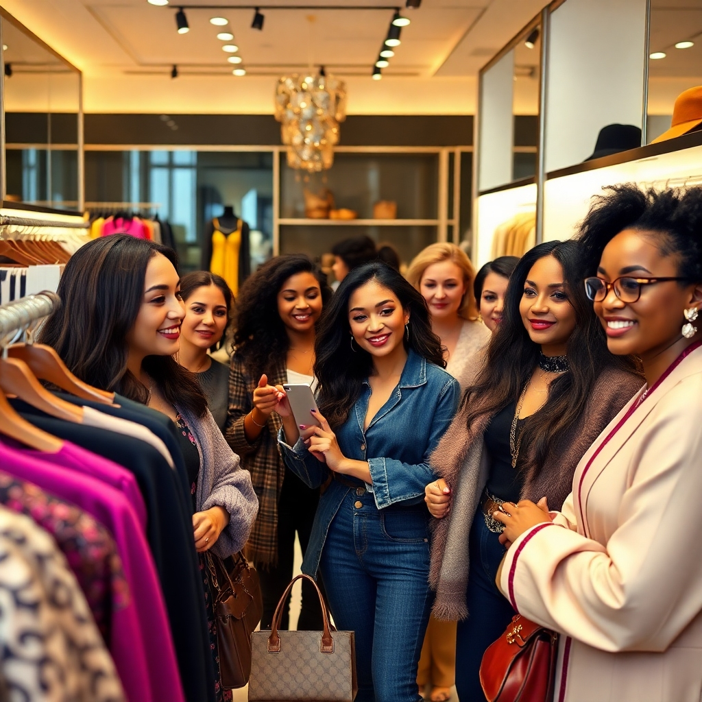 A dynamic and diverse 4K image depicting a group of stylish women browsing the collections at the 'Safiia Group' boutique. The scene should capture the excitement and energy of a vibrant fashion environment. Focus is on the women's interactions, their diverse styles, and the overall shopping experience. The camera angle should be a close-up, highlighting the details of the clothing and the customers' positive expressions.