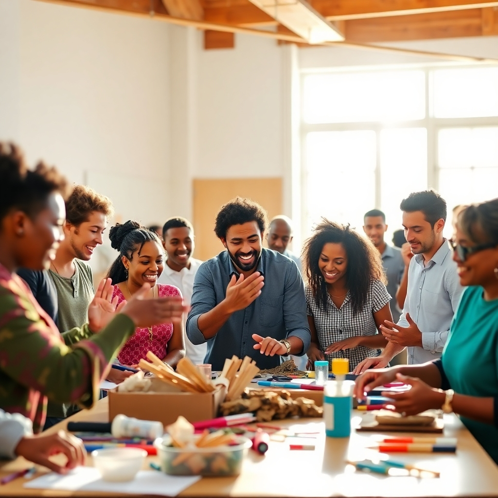 A dynamic image showing a diverse group engaged in a community workshop, surrounded by materials and learning tools. Bright, natural light illuminates the scene, energizing the participants. The color palette should be vibrant and energetic, reflecting the enthusiasm of the event. Textures of various materials should enhance the engagement aspect, symbolizing hands-on experience.