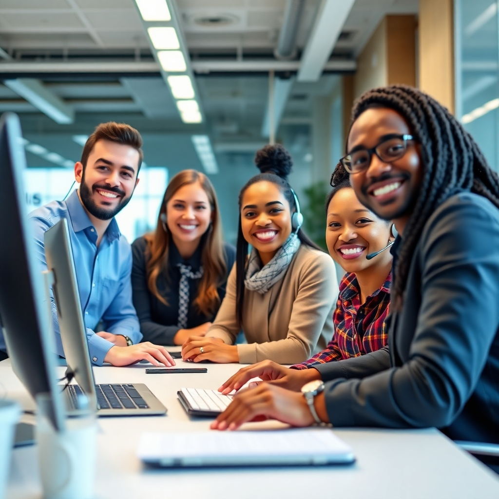 A friendly and approachable 4K image showcasing a diverse customer service team from 'Normal Taps add Our Story' working in a modern, well-lit office. The scene should evoke a sense of helpfulness and professionalism. Focus is on the team's positive expressions and the seamless integration of technology in the workplace. The camera angle should be a medium shot, capturing the overall atmosphere and teamwork.