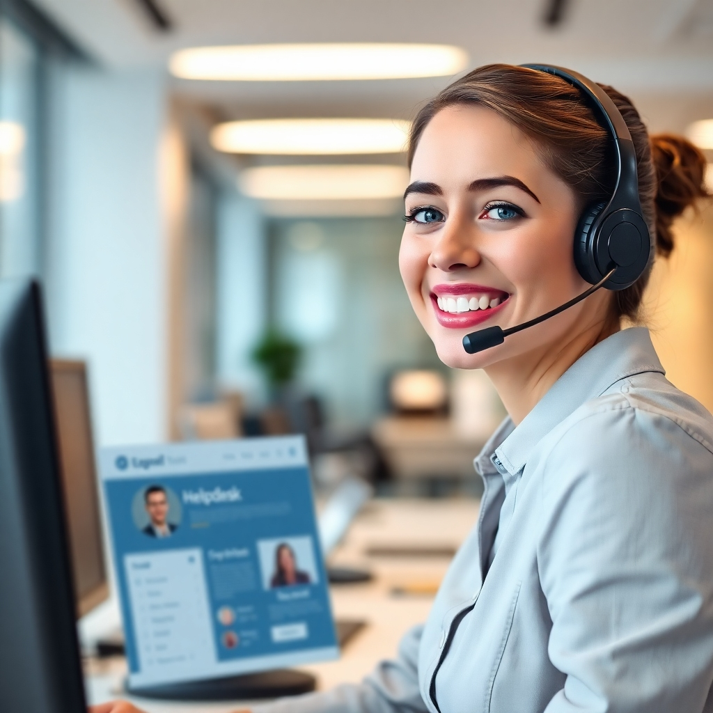 A friendly customer support agent answering a call with a smile, wearing a headset in a modern office. The background is blurred to focus on the agent. A helpdesk interface displayed on the screen, with a focus on helpful and efficient customer service. Soft lighting and professional environment, highlighting approachability.