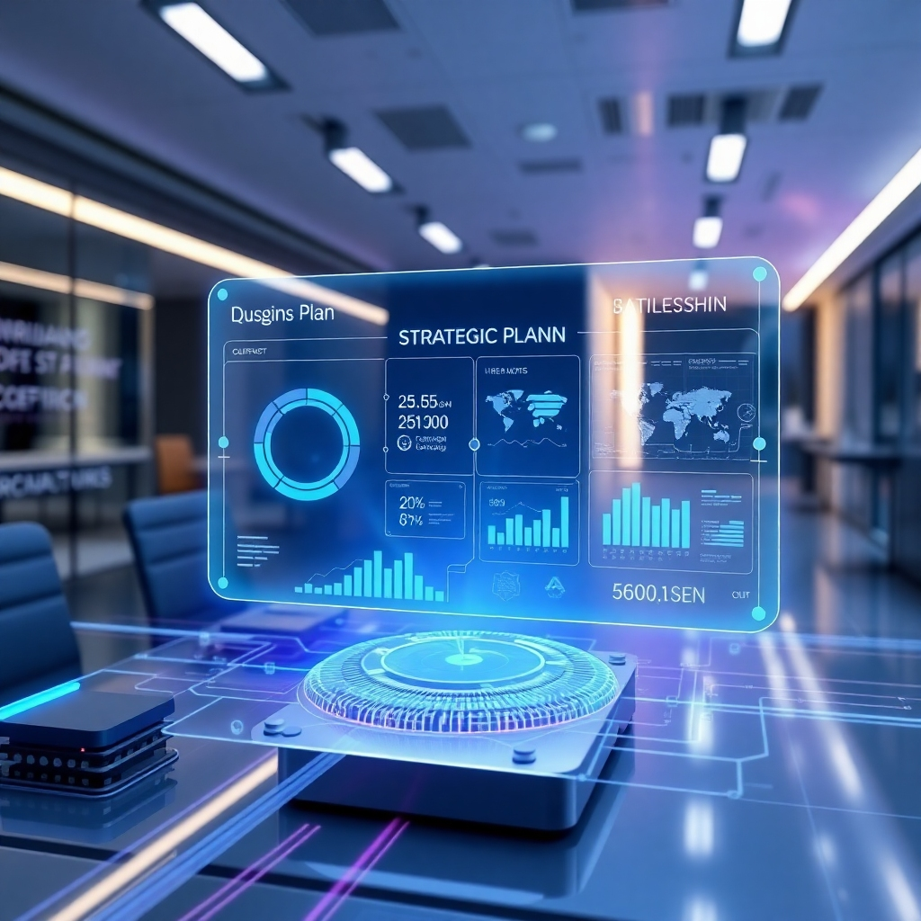 A futuristic rendering showing a holographic display projecting data and strategic plans related to the partnership between Cushes and Safiia Group. The holographic display is surrounded by elements representing innovation and technology, such as circuit boards and digital interfaces. The background is a sleek and modern office environment, reflecting the forward-thinking nature of the collaboration. The color palette is futuristic and technological, with blues, purples, and silvers dominating the scene. The camera angle is a close-up shot, highlighting the details of the holographic display and the surrounding elements. The overall style is innovative and sophisticated, conveying the strategic advantages of the partnership.