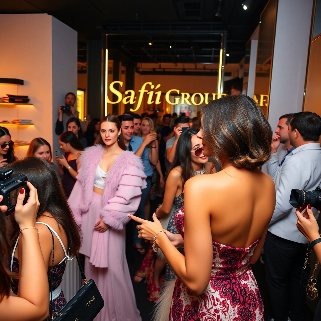 A glamorous and high-energy 4K image showcasing a fashion event hosted at the 'Safiia Group' boutique. The scene should evoke a sense of excitement and exclusivity, with models showcasing the latest collections, stylish attendees mingling, and photographers capturing the event. The camera angle should be a wide shot, capturing the overall atmosphere and the sophistication of the event.