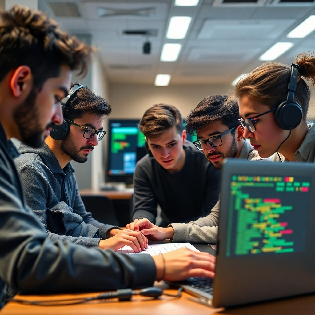 A group of advanced programming students working on a complex software project. The scene is brightly lit with a focus on collaboration and problem-solving. Technical specifications: 8K resolution, photorealistic.