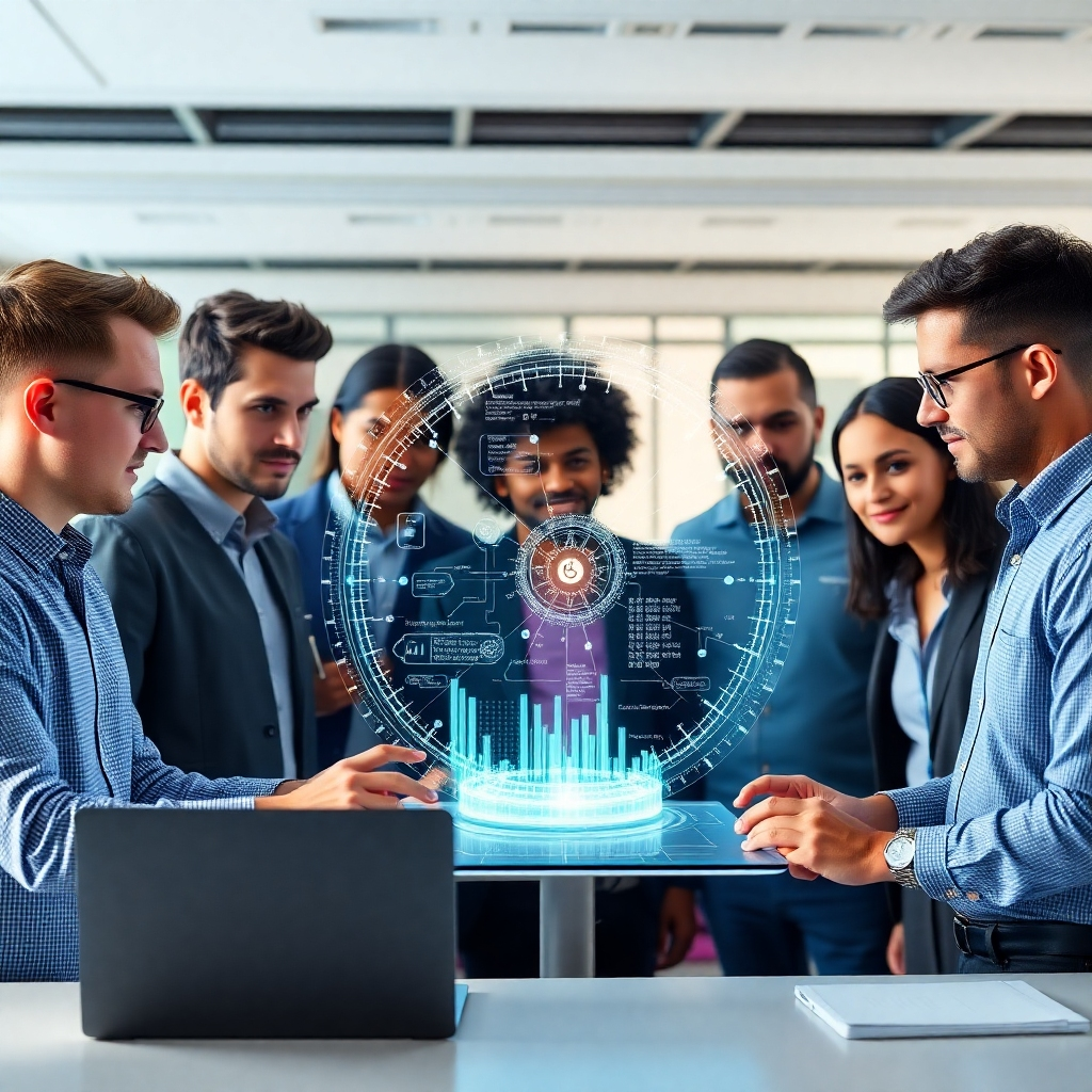 A group of diverse IT professionals collaborating around a holographic projection of a complex data structure. The scene is brightly lit with a futuristic aesthetic. Focus on teamwork and innovation. Technical specifications: 8K resolution, photorealistic.