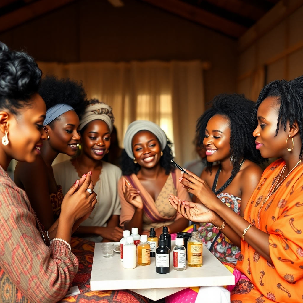 A group of diverse women participating in a SafiiaS Beauty workshop. They are learning about African beauty rituals and applying natural products under the guidance of an experienced instructor. The lighting is warm and inviting, creating a sense of community and shared learning. Style reference: Lifestyle photography with a focus on cultural exchange and personal enrichment. Technical specs: 4K resolution, high quality.