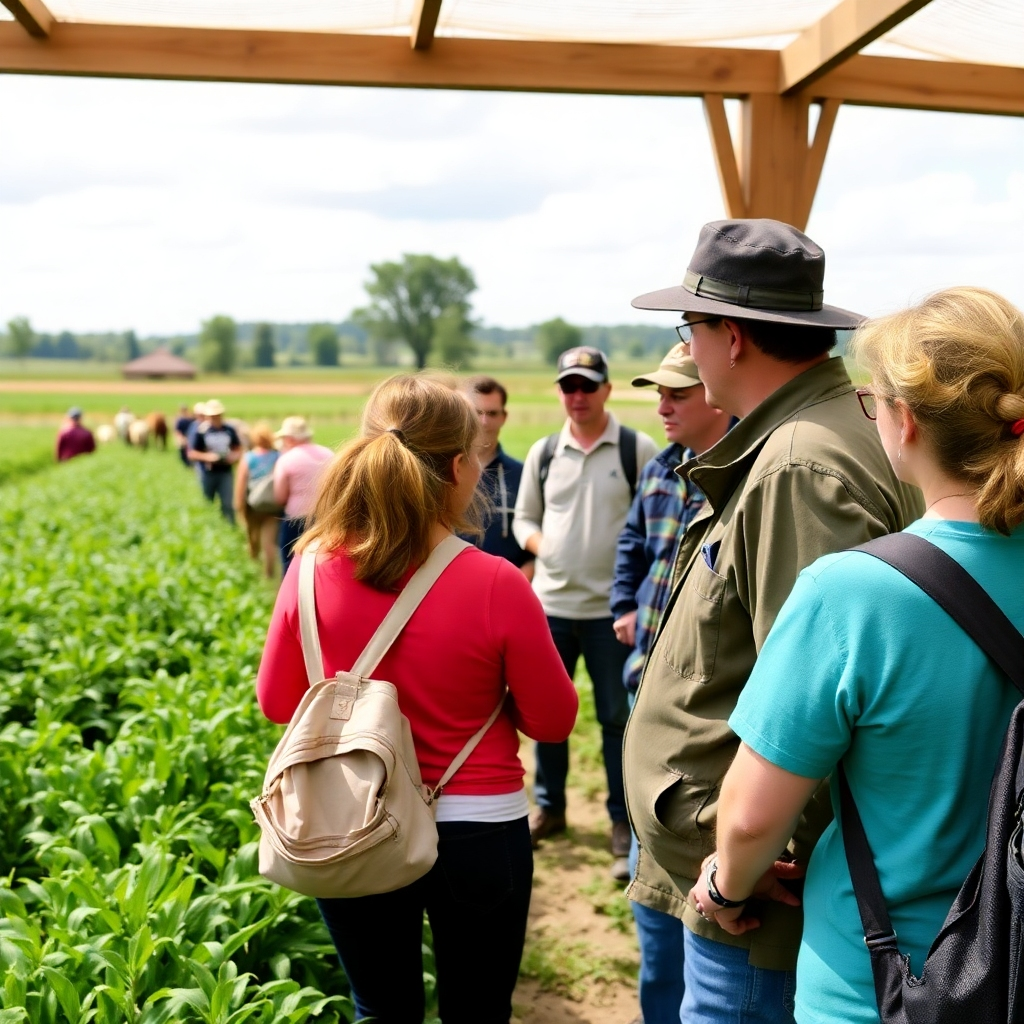 A group of tourists are guided around the farm with a tour guide