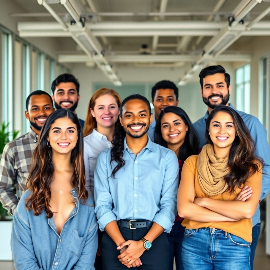 A group photograph of the Safiia Tech team. Diverse individuals, smiling and confident, in a modern office environment. Natural lighting and a professional composition. Technical specifications: High resolution, photorealistic.