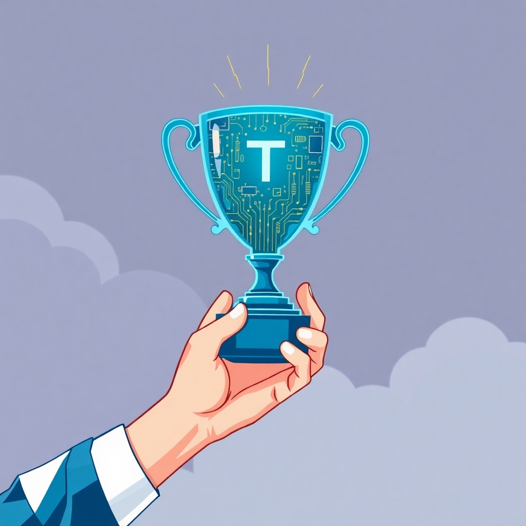 A hand holding a trophy, representing success and achievement. The trophy is made of circuits and data, symbolizing IT excellence. Technical specifications: High resolution, stylized illustration.