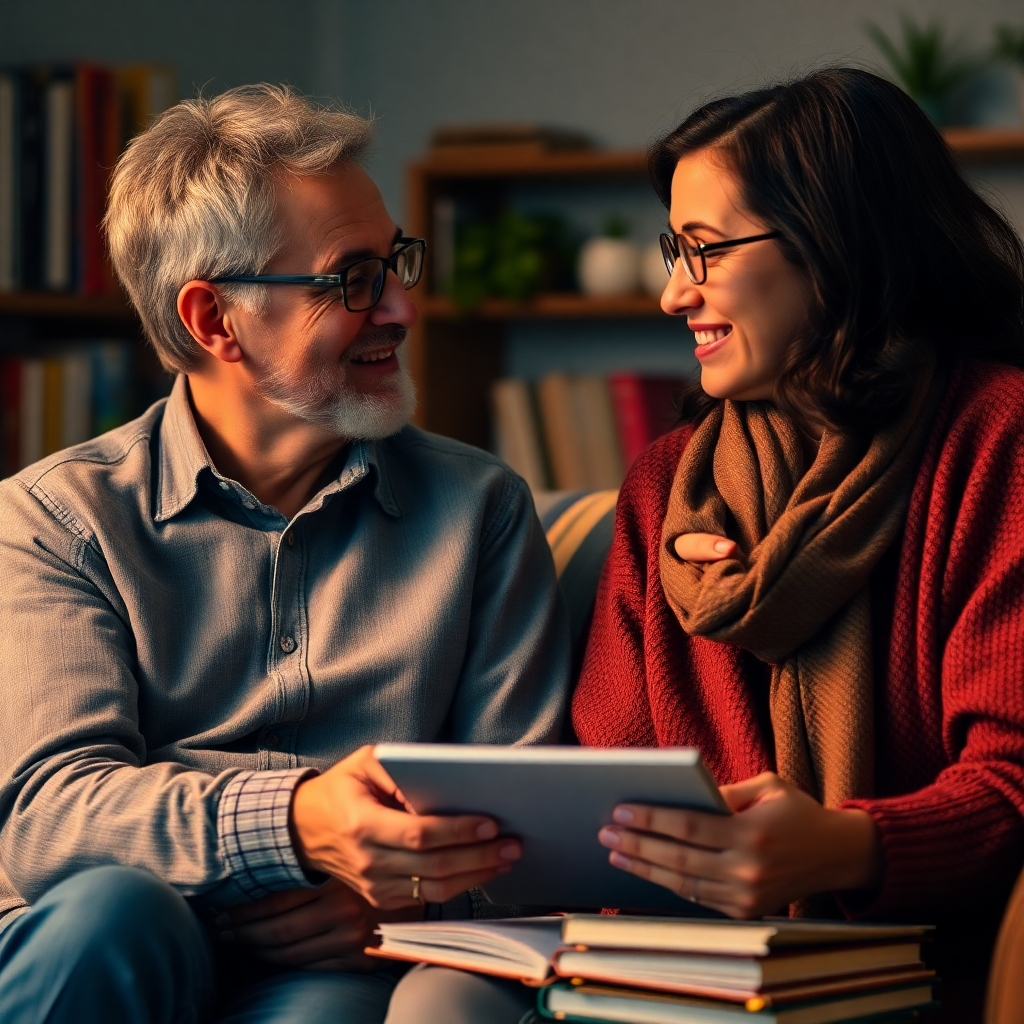 A heartwarming image featuring a mentor and mentee engaged in deep discussion, surrounded by educational resources. The composition should feel warm, with soft lighting and a close-up perspective capturing their expressions. The color palette should involve warm hues, while textures should feature comfortable materials that suggest a safe space. This scene represents the transformational power of mentorship.