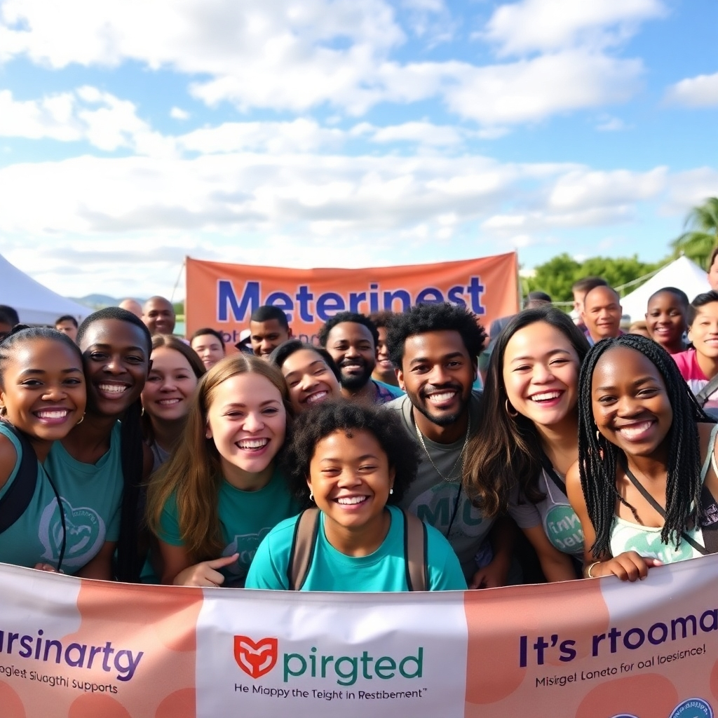 A heartwarming image of a diverse group of individuals smiling and engaging in a community event, surrounded by banners and posters representing the brand. The setting is outdoors, emphasizing openness and support, with a beautiful sky overhead. The atmosphere is vibrant and lively, achieving a heartwarming photographic representation.
