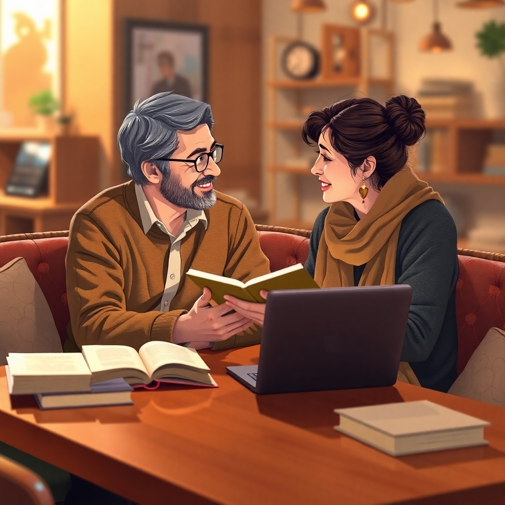 A heartwarming image showcasing a mentor and mentee in a café setting discussing ideas, with books and laptops on the table. The lighting should be inviting, with warm hues creating a cozy atmosphere. The color palette should feature earthy tones, while the textures should include soft cushions and polished wood. This scene represents the bonds formed through mentorship.