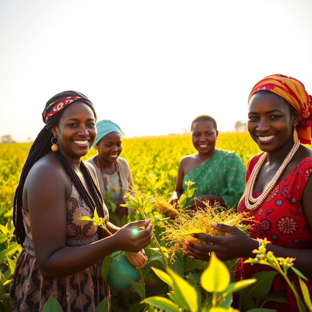 A heartwarming photograph of a group of African women harvesting ingredients for SafiiaS Beauty products. The scene takes place in a lush, vibrant field under the warm African sun. The women are smiling and working together, showcasing a sense of community and pride. The lighting is natural and golden, highlighting the beauty of the landscape and the women's faces. Style reference: Documentary-style photography with a focus on human connection and environmental sustainability. Technical specs: 4K resolution, high quality.