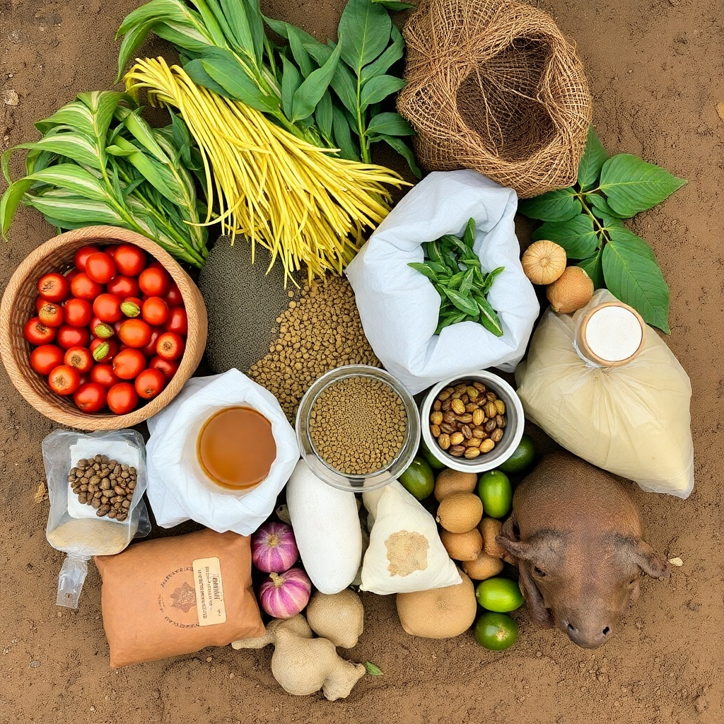 A high-angle shot displays various items from the farm's harvest: cash crops, tea, coffee, and animal products.
