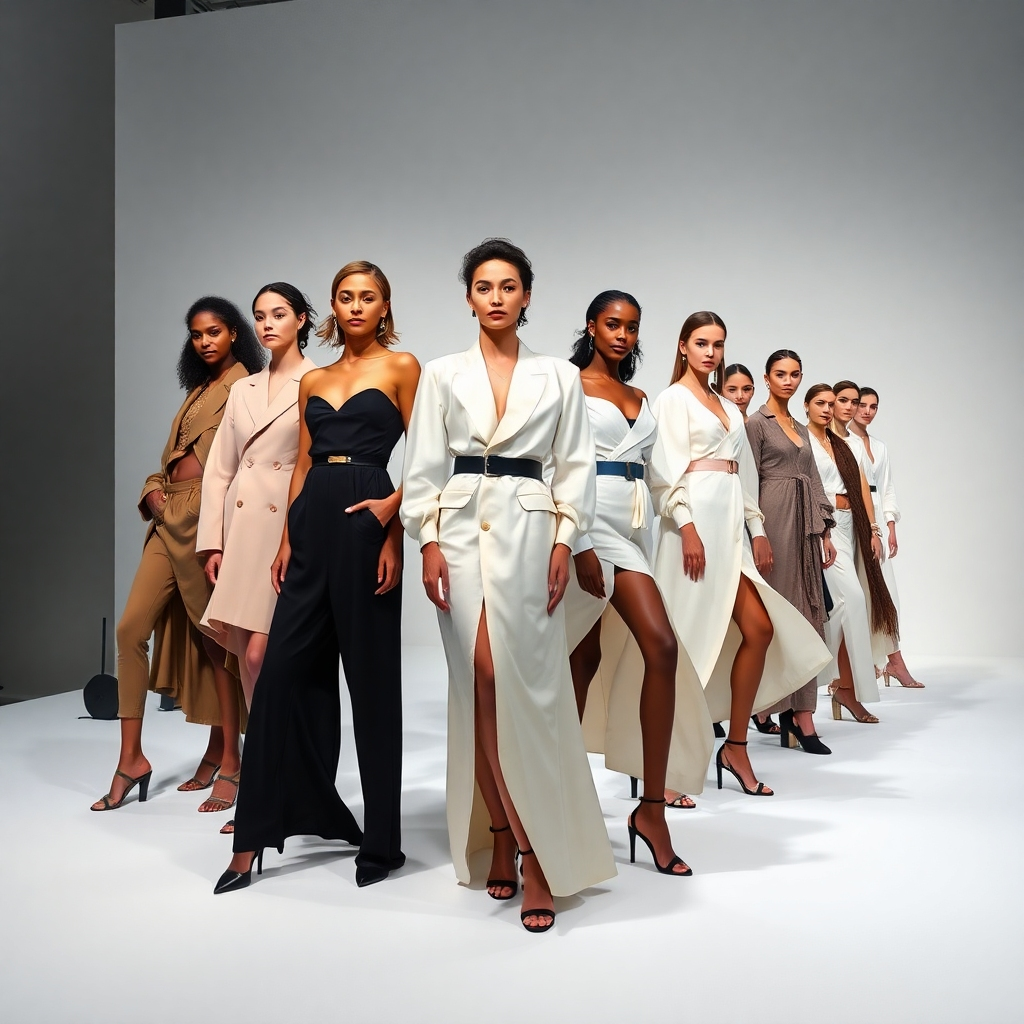 A high-fashion 4K image showcasing a diverse group of models wearing the latest 'Normal Taps add Our Story' collection. The setting is a minimalist runway, with stark white background and dramatic lighting. The models are posed dynamically, highlighting the fluidity and elegance of the clothing. Focus is on the textures, colors, and silhouettes of the collection. The camera angle is a wide shot, capturing the full ensemble and the energy of the runway show. Style reference: clean lines, bold silhouettes, and modern aesthetic.