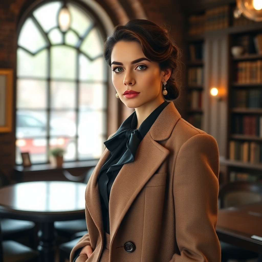 A high-quality 4K image featuring a sophisticated woman in a classic, timeless 'Normal Taps add Our Story' outfit. The scene could be set in a vintage-inspired library or a chic coffee shop, evoking a sense of enduring style and elegance. The color palette is muted and refined, emphasizing the craftsmanship and quality of the clothing. The camera angle focuses on the details of the outfit and the woman's confident demeanor.