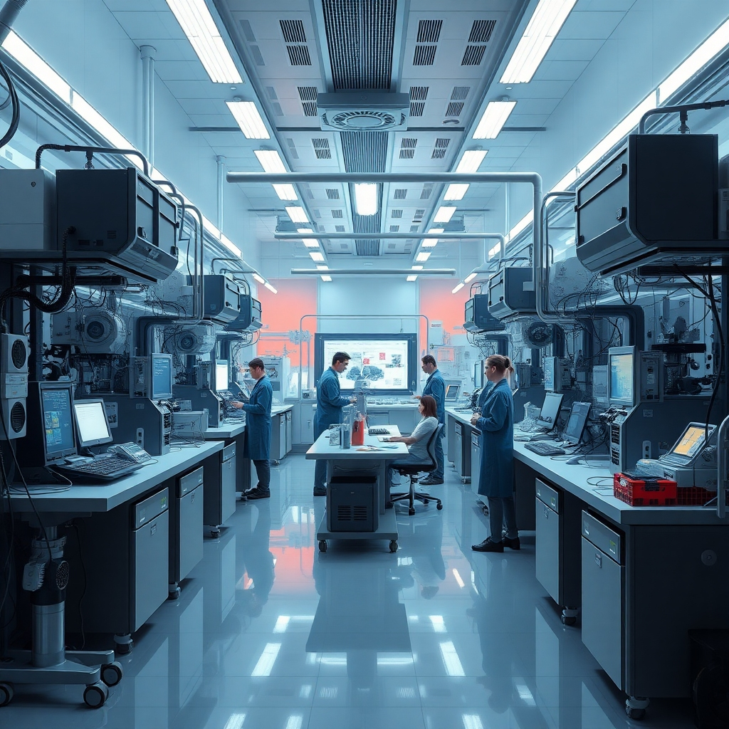 A high-tech laboratory filled with advanced equipment and researchers working on various projects. The scene is brightly lit with a futuristic aesthetic. Technical specifications: 8K resolution, photorealistic.
