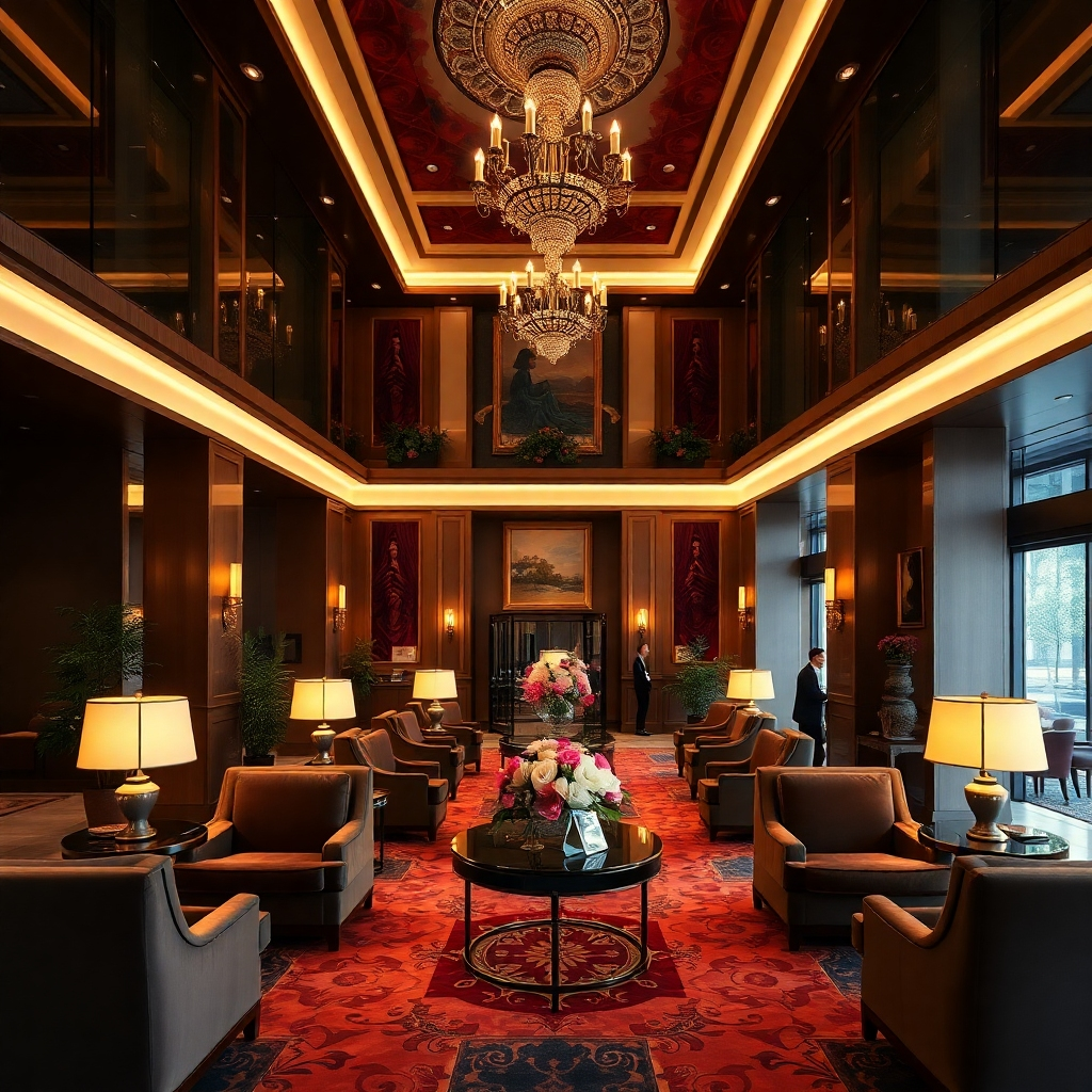 A lavish hotel lobby featuring elegant design and soft ambient lighting. The interior has plush seating, rich textures of velvet and silk, and art pieces adorning the walls. The color palette consists of deep jewel tones, enhancing the feeling of luxury. The arrangement of fresh flowers and welcoming staff adds a personal touch. The camera angle should capture the inviting layout of the lobby while displaying intricate details that emphasize the lavish experience. The image should be photorealistic and in high quality, ensuring every detail resonates.