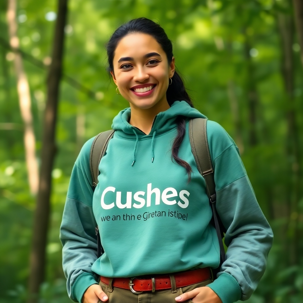 A lifestyle image featuring a model wearing Cushes-branded apparel in a natural outdoor setting. The model is smiling and confident, embodying the values of the brand. The clothing is stylish and comfortable, featuring the Cushes logo and tagline. The background is a lush green forest, representing growth and renewal. The color palette is vibrant and earthy, with greens, blues, and browns dominating the scene. The camera angle is a medium shot, capturing the model's expression and the details of the clothing. The overall style is aspirational and relatable, encouraging viewers to embrace the Cushes lifestyle.