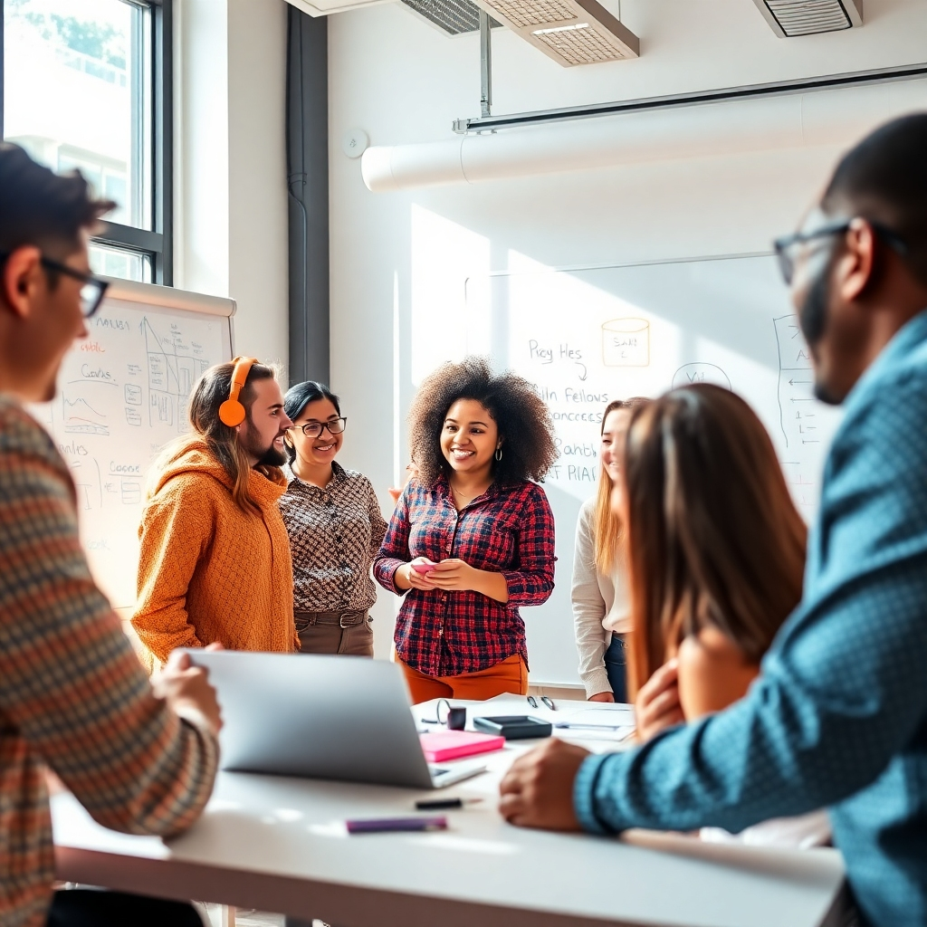 A lively image capturing Safiia Group members brainstorming in a modern workspace, surrounded by whiteboards and tech. Natural light streams in, creating a bright and creative atmosphere. The color palette should be bold and energetic, with vibrant accents. Textures of fabrics and surfaces should enhance the image's dynamic feel, showcasing active engagement.