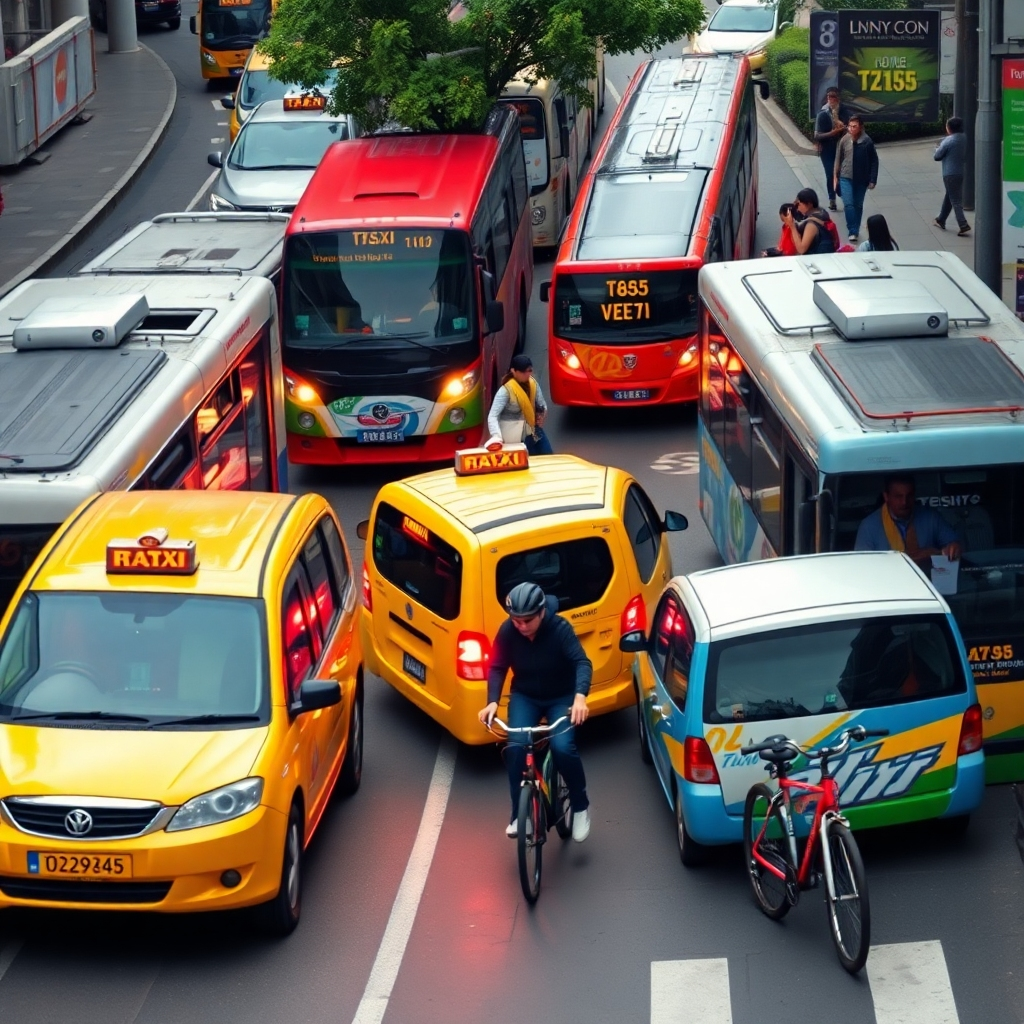 A lively image depicting a composite of various ground transport options, including buses, taxis, and bicycles moving harmoniously in an urban setting. The environment should feel vibrant, with a colorful palette representing the city's energy. Soft, welcoming lighting enhances the interactions among travelers. The camera angle should capture the dynamic flow of movement. Technical specs must ensure high quality.