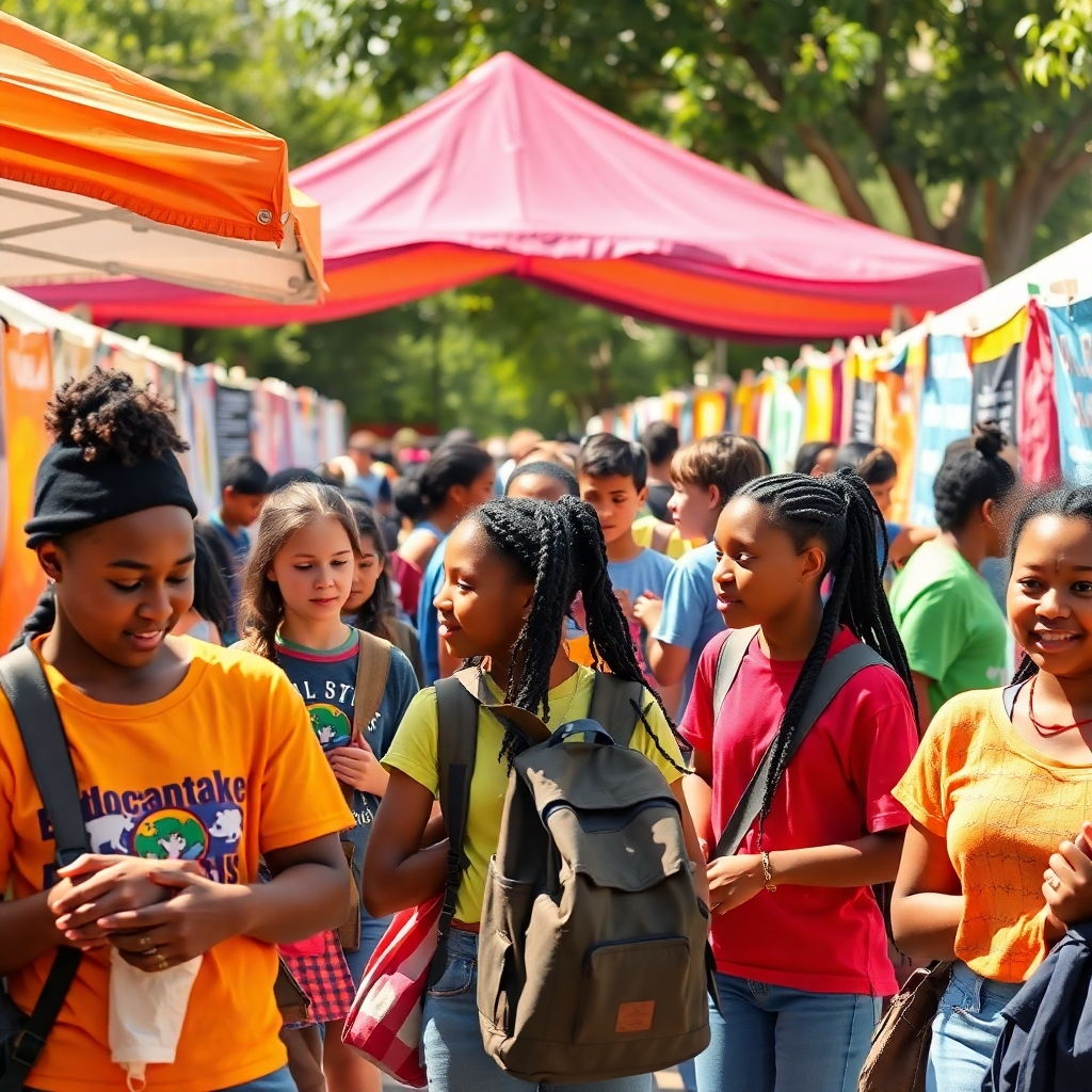 A lively photorealistic image capturing a diverse group of students engaging in a community event centered around education. The composition should feature tents and booths with educational resources. Bright, vibrant colors should convey energy and inclusivity. The lighting should be bright, simulating a sunny day. The scene should include interactive elements like workshops at each booth. The textures of banners, fabric, and materials should enhance the community spirit. This image symbolizes engagement and collective support in education.