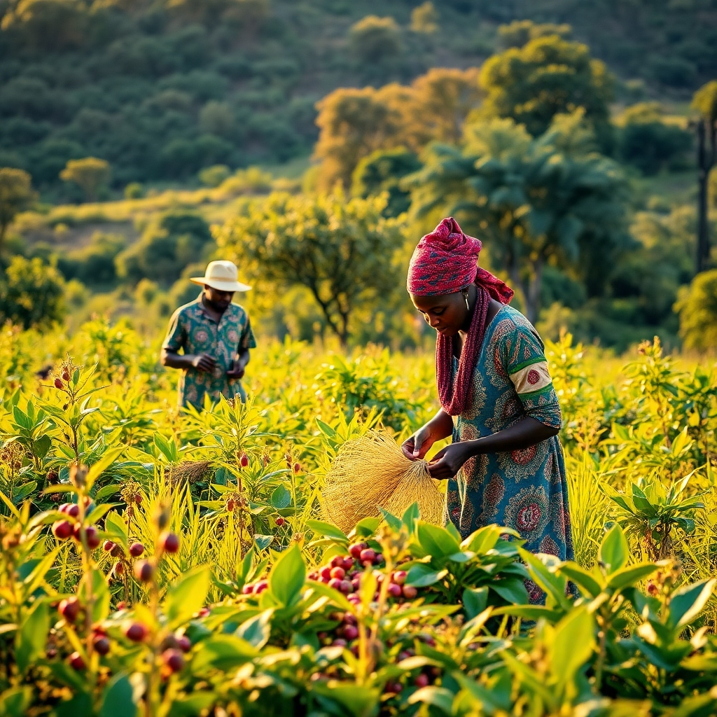 A lush, vibrant African landscape with sustainable farming practices in action. The scene depicts farmers harvesting ingredients for SafiiaS Beauty products in an environmentally friendly manner. The lighting is natural and golden, highlighting the beauty of the landscape and the commitment to sustainability. Style reference: Environmental photography with a focus on ethical sourcing and community empowerment. Technical specs: 4K resolution, high quality.