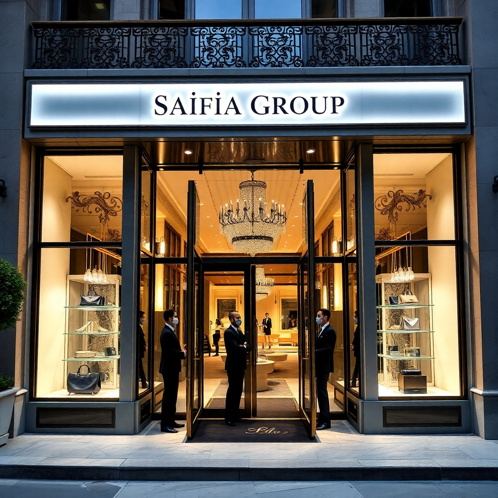 A luxurious and inviting 4K image showcasing the exterior and interior of the 'Safiia Group' boutique. The scene should evoke a sense of elegance and exclusivity, highlighting the architectural details, the curated display windows, and the attentive staff. The camera angle should be a medium shot, capturing the overall ambiance and allure of the boutique. Style reference: high-end fashion boutiques in major metropolitan cities.
