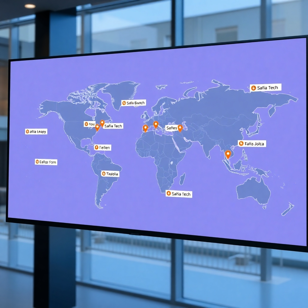 A map showing the locations of Safiia Tech offices in major cities around the world. The map is displayed on a modern screen. Technical specifications: High resolution, stylized illustration.