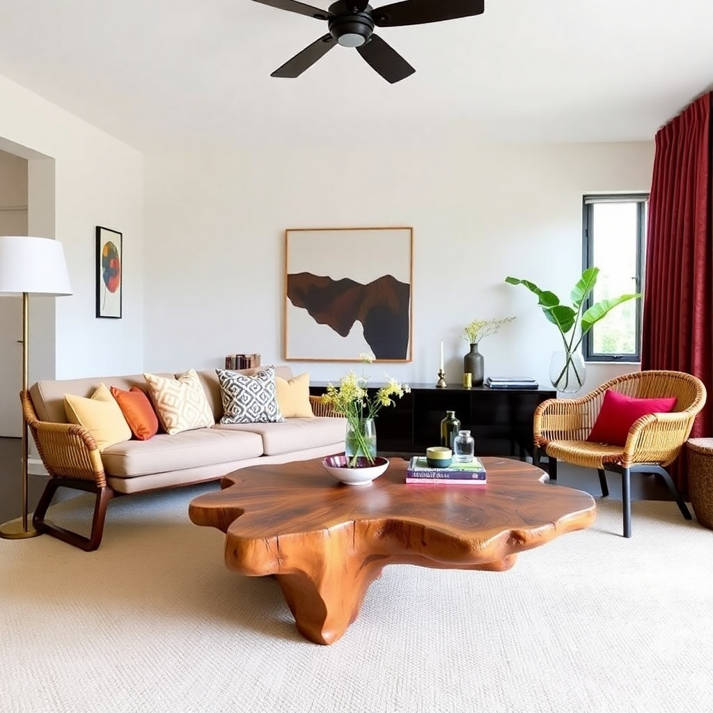 A modern living room featuring a handcrafted African wooden coffee table and woven chairs. The color palette is neutral, with pops of vibrant colors from the African-inspired pieces. The lighting should be soft and diffused, highlighting the unique textures and details of the furniture.