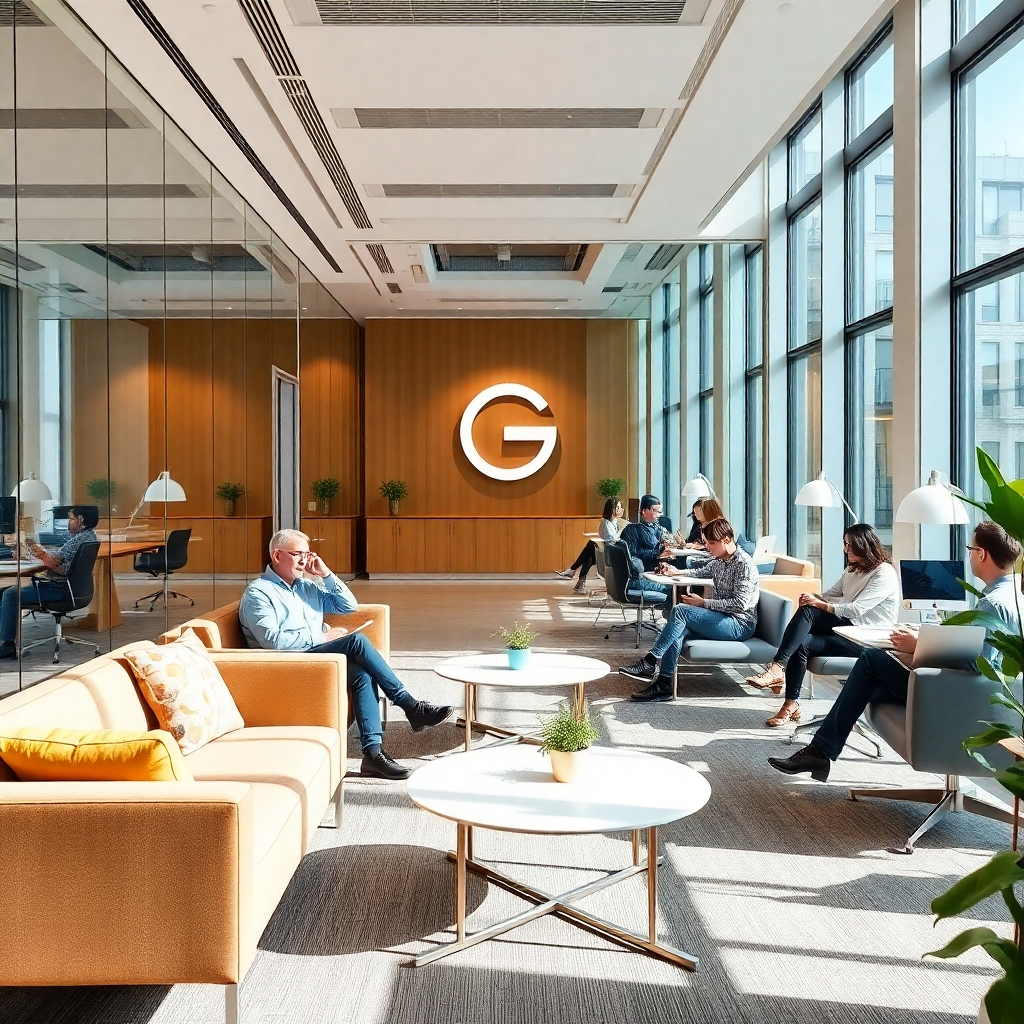 A modern office interior with comfortable seating areas, people are working and collaborating. Glass walls provide natural light, and sleek furniture enhances the professional environment. A company logo is visible on the wall, creating a vibrant and engaging workplace. High-quality image.