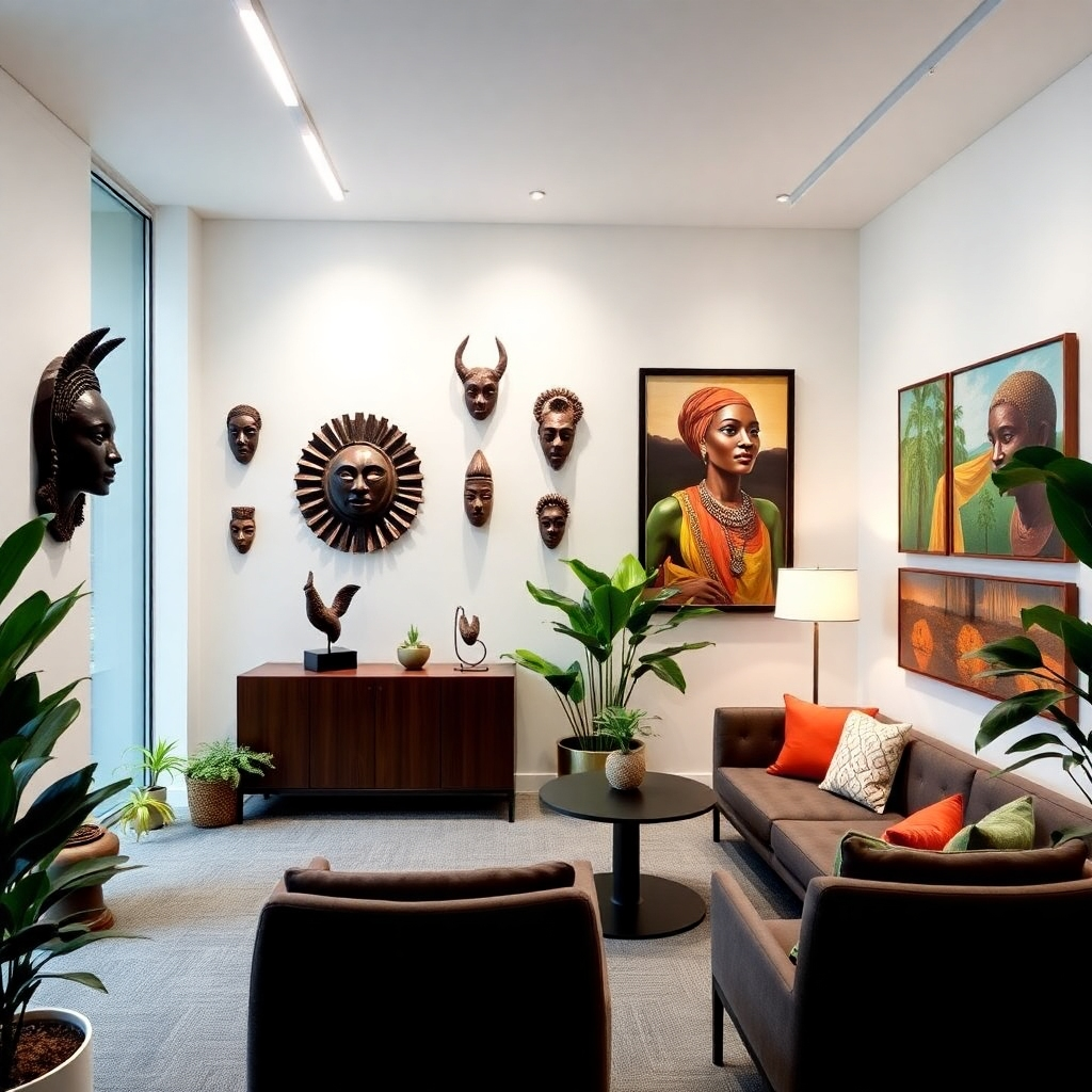 A modern office space featuring African masks, sculptures, and paintings displayed on the walls. The lighting should be bright and professional, highlighting the clean lines and minimalist design. Include elements such as plants, comfortable seating, and inspiring artwork.