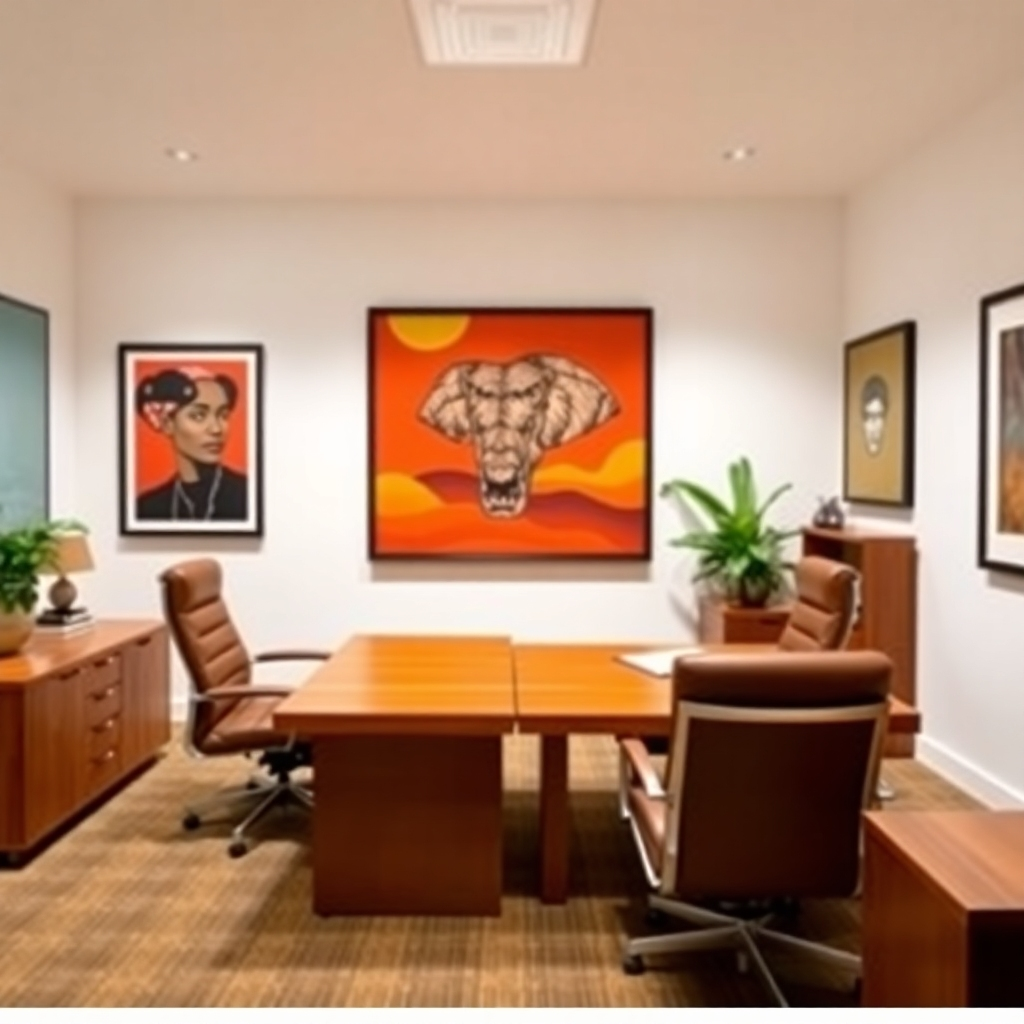 A modern office space featuring African-inspired art, furniture, and color schemes. The lighting should be bright and professional, highlighting the clean lines and sophisticated design. Include elements such as wooden desks, leather chairs, and abstract artwork.