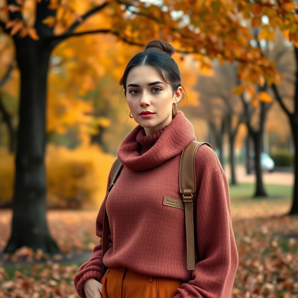 A photorealistic 4K image depicting a woman dressed in 'Normal Taps add Our Story' attire amidst a backdrop reflecting the current season. For instance, if it's autumn, the scene might be a park with falling leaves, showcasing warm colors and cozy textures. Focus is on the integration of the clothing with the environment and the woman's confident expression. The camera angle should highlight the overall aesthetic and storytelling.