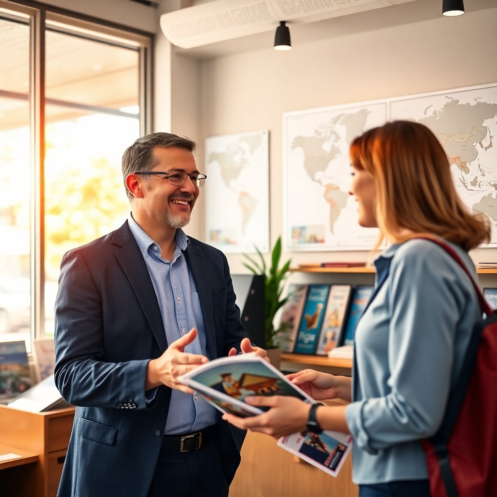 A photorealistic image capturing a friendly travel agent engaged with a customer at an inviting office. The environment is warm with natural lighting coming through large windows, showcasing travel brochures on display. There's a map on the wall reflecting global destinations and various transport routes. The agent's expression conveys enthusiasm and readiness to assist, while the customer looks excited and involved. The camera angle should be slightly tilted for an immersive experience. Technical specs should be high resolution and vibrant.