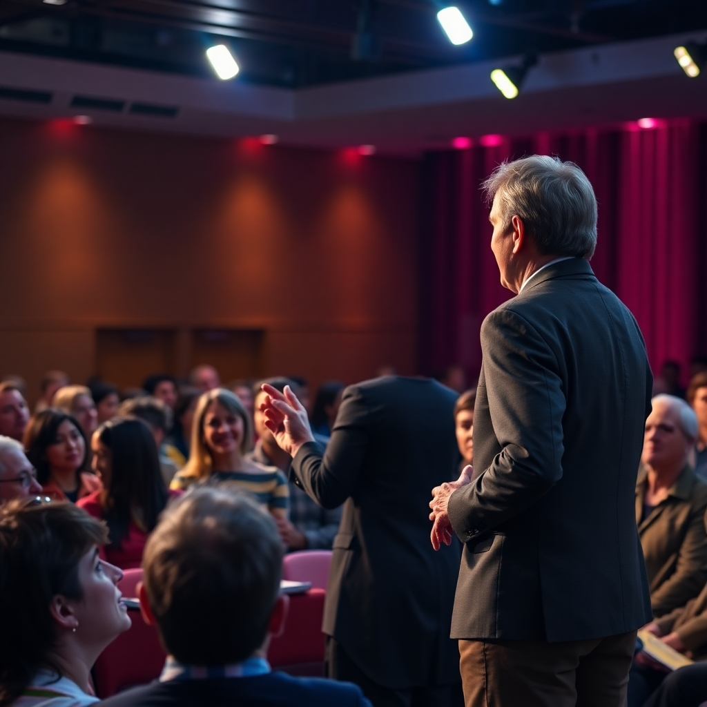 A photorealistic image capturing a life coach delivering an engaging presentation to a captivated audience. The coach is on a well-lit stage, projecting confidence and passion. The audience is diverse and attentive, with expressions of interest and inspiration. The lighting is dramatic, with spotlights highlighting the speaker. The color palette is vibrant, with bold colors from the stage lighting and the presenter's attire. The camera angle is a wide shot, capturing the scale of the event and the connection between the speaker and the audience. The textures are realistic, with the smooth surface of the stage and the varied textures of the audience's clothing.