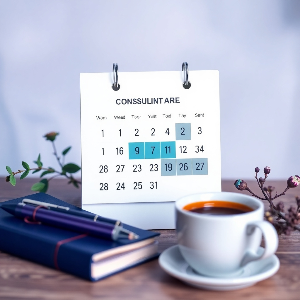 A photorealistic image depicting a calendar with a highlighted date, symbolizing the scheduling of a consultation. The calendar is surrounded by elements representing personal growth, such as a journal, a pen, and a cup of coffee. The background is a soft, blurred gradient, creating a sense of calm and focus. The color palette is muted and calming, with blues, purples, and greens dominating the scene. The camera angle is a close-up shot, highlighting the details of the calendar and the surrounding elements. The overall style is modern and serene, conveying the ease and convenience of scheduling a consultation.