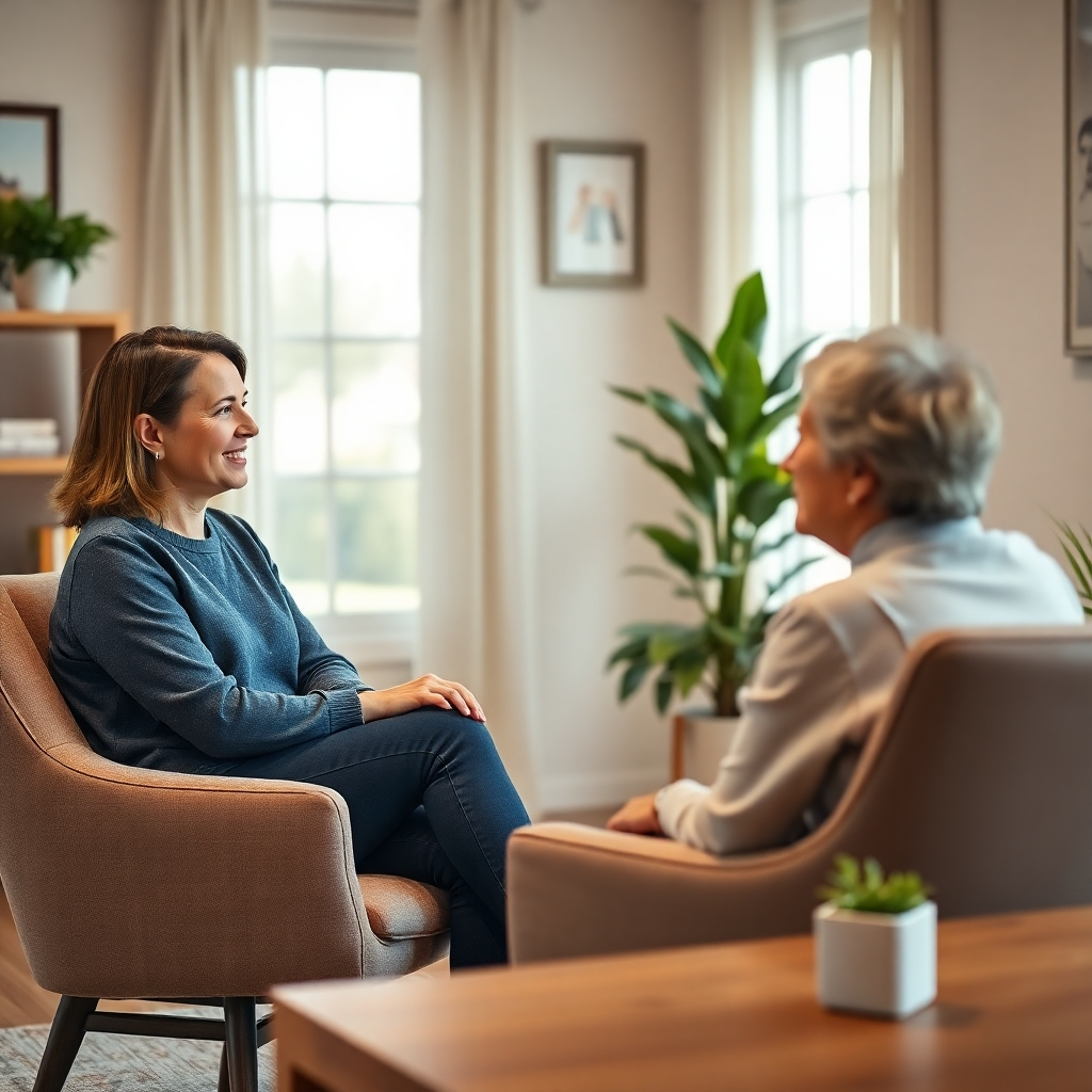 A photorealistic image depicting a one-on-one coaching session. A life coach is sitting across from their client in a warmly lit, comfortable office. The coach is actively listening with a supportive and empathetic expression, while the client appears engaged and reflective. Soft, natural light fills the room. The color palette is warm and inviting, with muted earth tones and pops of color from plants or artwork. The camera angle is a medium shot, capturing both individuals and the connection between them. The focus is sharp on their faces, conveying trust and understanding. The textures are realistic, from the soft fabrics of the chairs to the wood grain of the desk.
