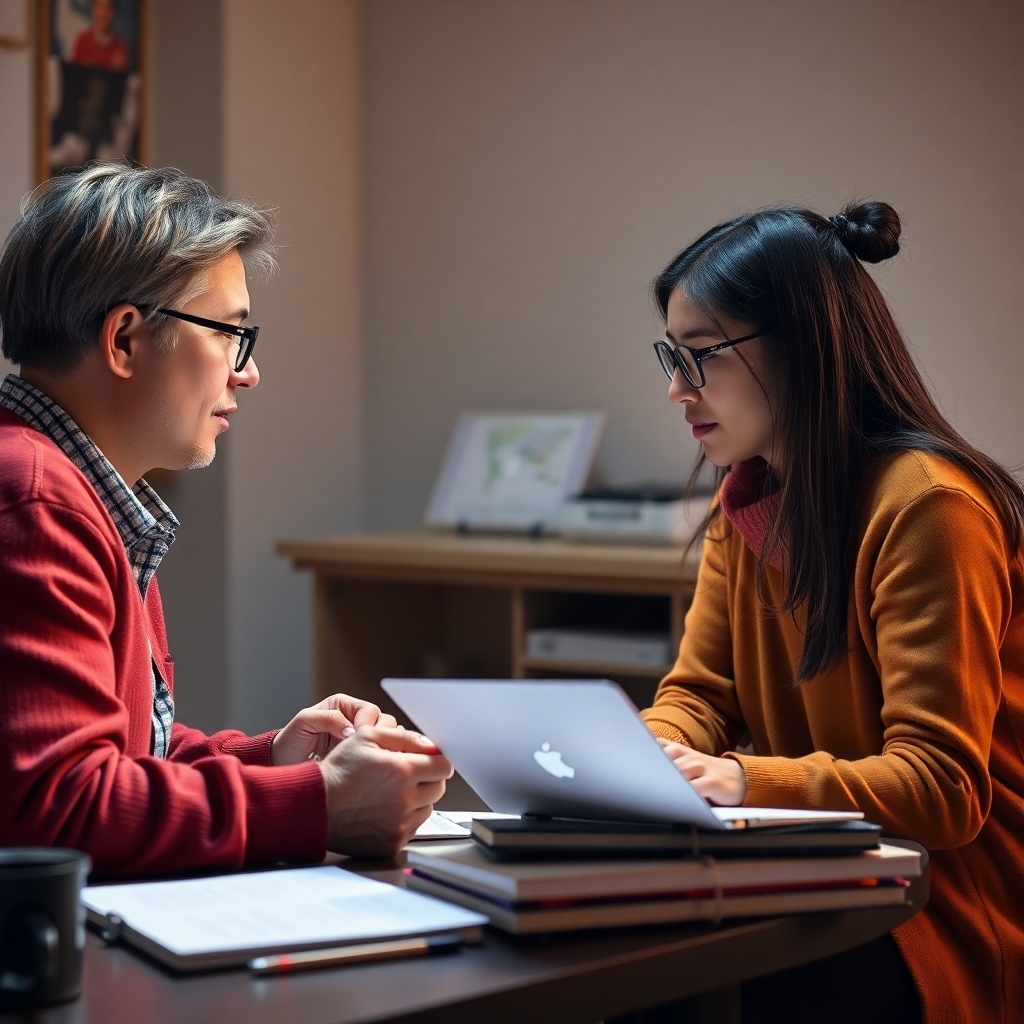 A photorealistic image depicting a personalized training session between an instructor and a learner, with resources and technology at hand. The scene should be intimate, with soft lighting creating a focused environment. The color palette should be warm, invoking comfort and engagement. The textures should range from the smooth look of tech to the rich feel of paper materials.