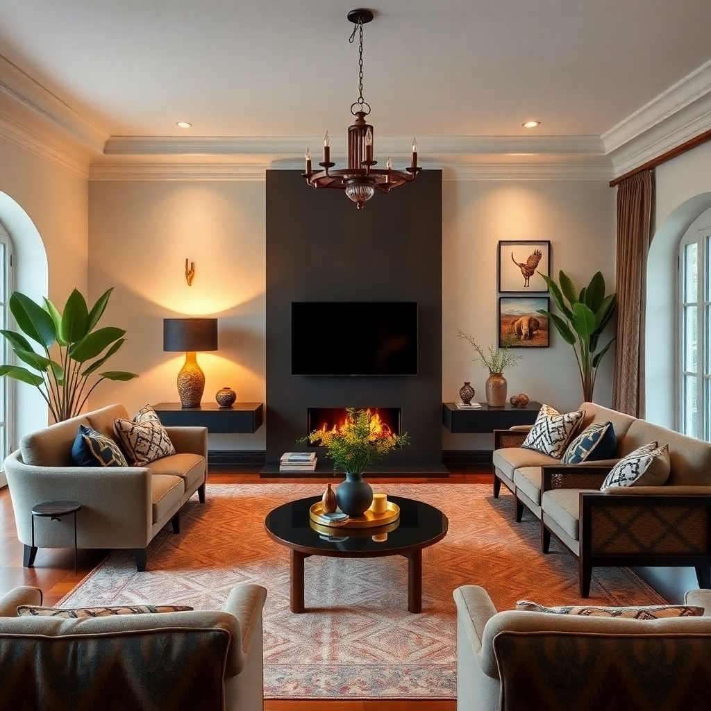 A photorealistic image of a beautifully designed living room with African-inspired furniture and decor. Focus on warm lighting and inviting atmosphere.