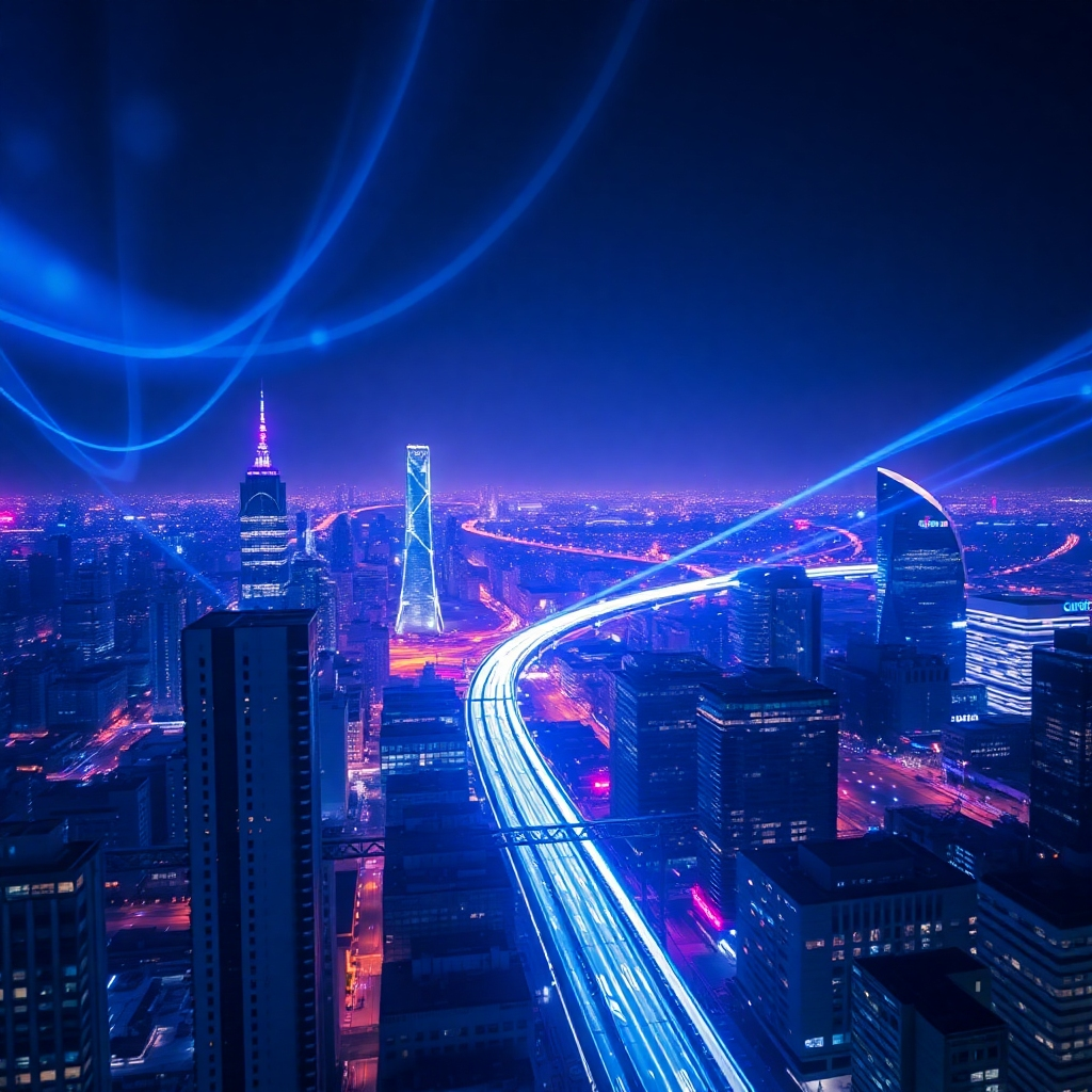 A photorealistic image of a cityscape at night, with streaks of light representing data flowing through the city's infrastructure. Focus on highlighting the connections and the dynamic nature of modern technology. Dark blues and purples dominate the color palette. Technical specifications: 8K resolution, hyperrealistic.