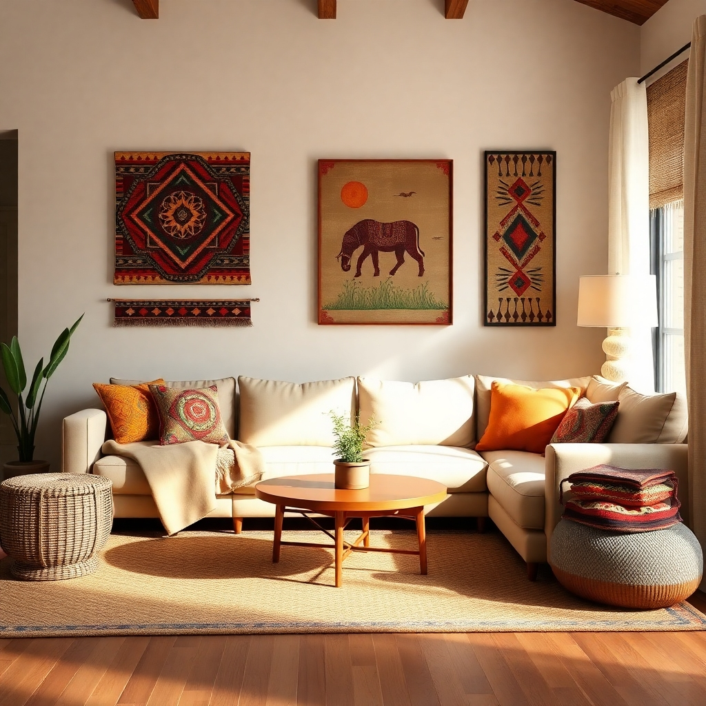 A photorealistic image of a cozy living room featuring African-inspired décor, such as colorful throw pillows, woven rugs, and tribal artwork. The lighting should be warm and inviting, creating a comfortable and relaxing atmosphere.