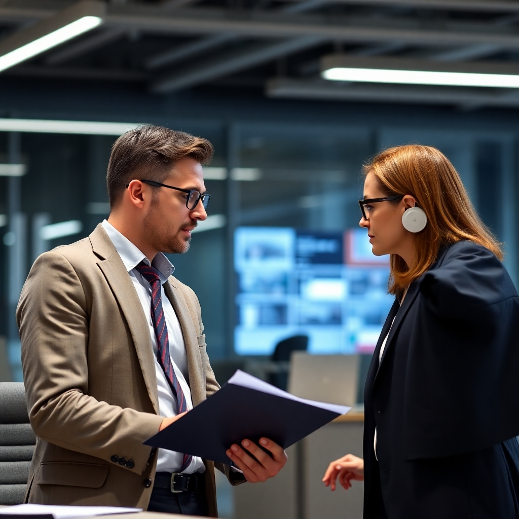 A photorealistic image of an IT consultant advising a business executive. The scene is set in a modern office environment with a focus on collaboration and problem-solving. Technical specifications: 8K resolution, photorealistic.