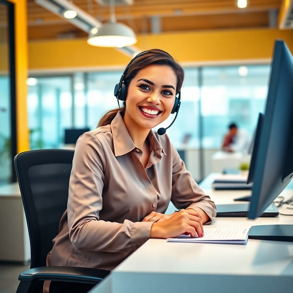 A photorealistic image showcasing a friendly and approachable customer service representative sitting at a desk, ready to assist customers. The representative is smiling and making eye contact, conveying warmth and professionalism. The desk is clean and organized, with a computer, phone, and notepad. The background is a brightly lit office, creating a welcoming atmosphere. The color palette is warm and inviting, with blues, greens, and yellows dominating the scene. The camera angle is a medium shot, capturing the representative's expression and the details of the office. The overall style is professional and approachable, encouraging viewers to reach out with their questions.
