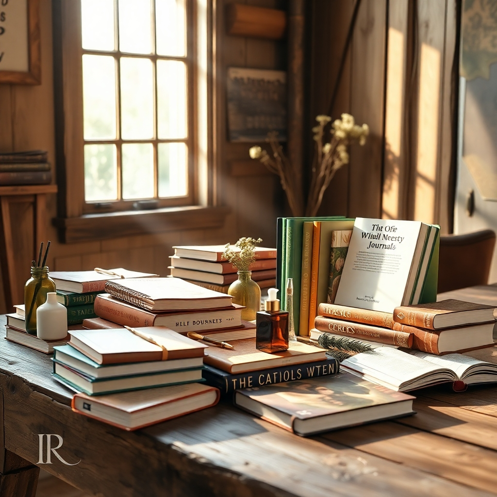 A photorealistic image showcasing a collection of books, journals, and wellness items arranged on a rustic wooden table. Sunlight streams through a nearby window, casting a warm glow. The items are thoughtfully curated, featuring titles related to self-improvement, mindfulness, and personal development. The color palette is earthy and inviting, with natural tones of brown, green, and beige. The camera angle is a close-up shot, highlighting the textures of the books and the details of the wellness items. The overall mood is calming and inspiring, encouraging viewers to explore the available resources.